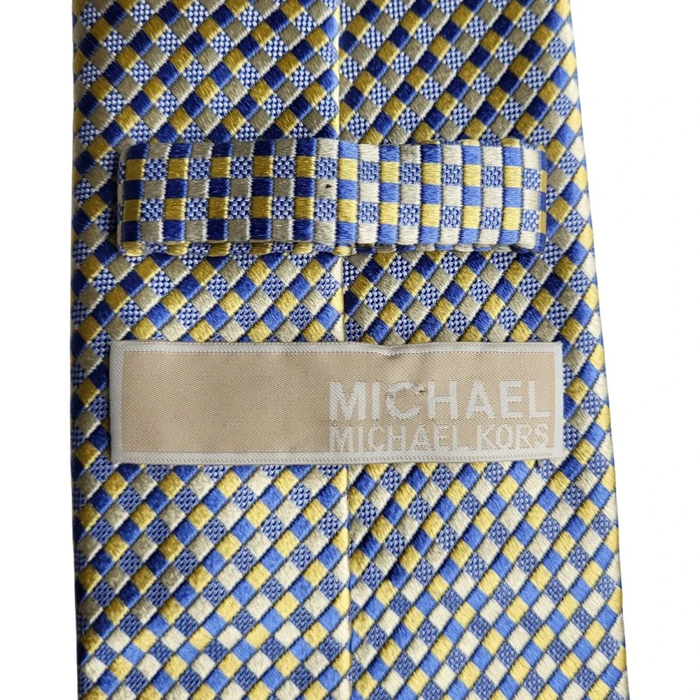 Michael Kors Blue Gold Checkered Silk Necktie Formal Business‎ Accessory
